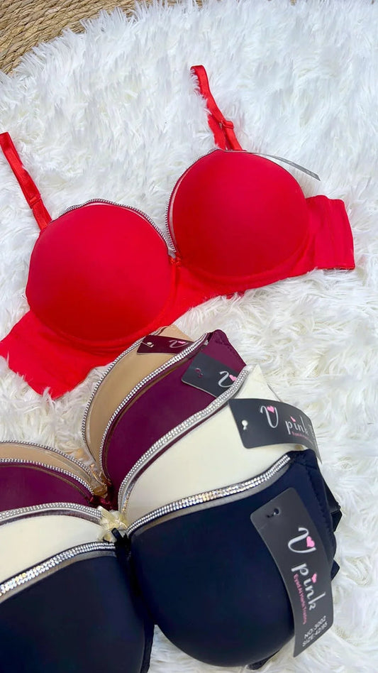 T-Shirt Bra Double Padded with Fancy Zircon Lace